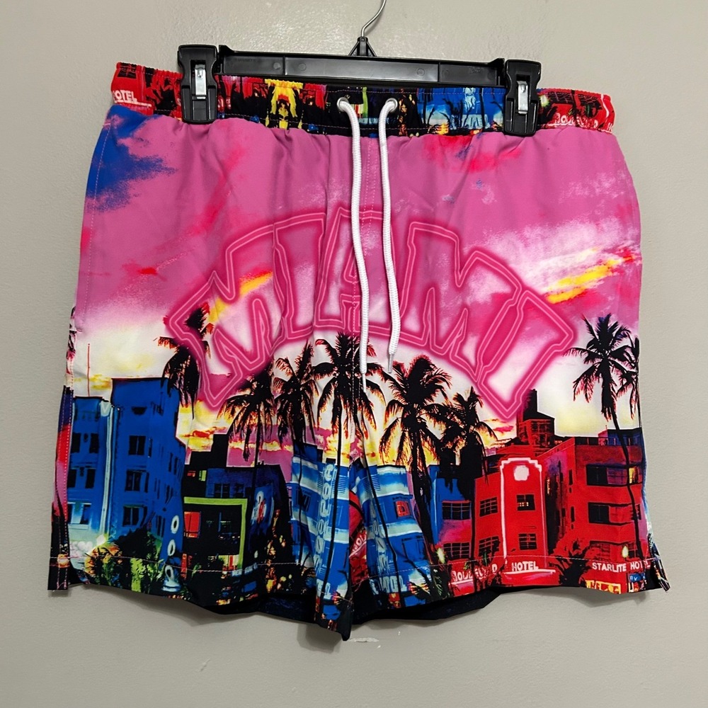 Fashion Nova Men's Swim Trunks L Pink Miami Graphic Tropical Performance Shorts